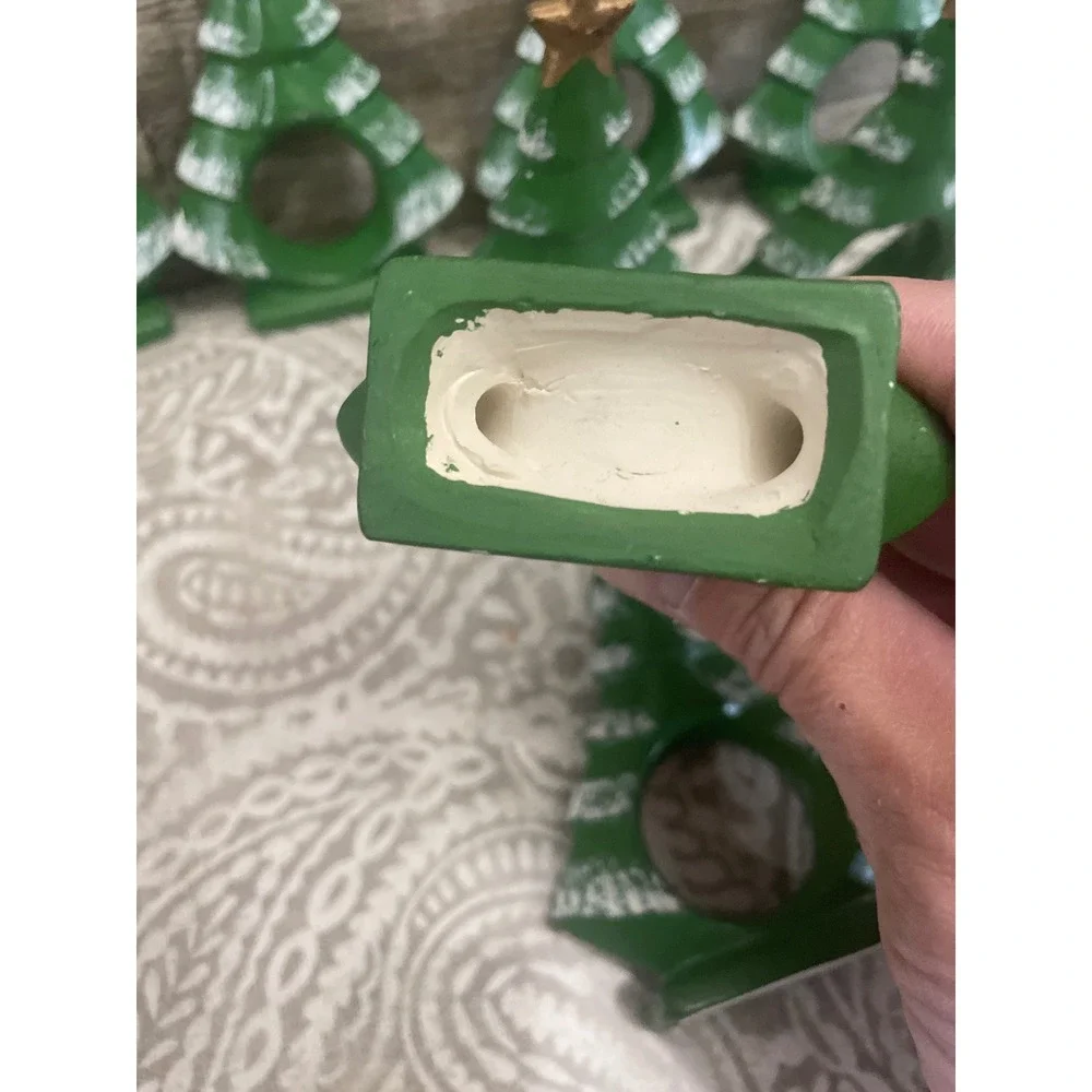 Set of 7 Christmas Tree Napkin Rings Green Ceramic Snow Star Holiday Table Decor
